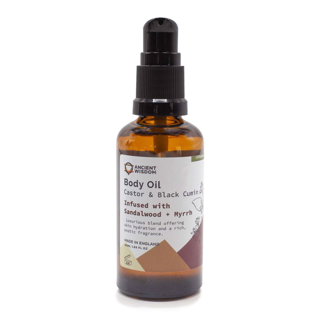 Organický telový olej 50 ml – Santalové drevo & Myrha