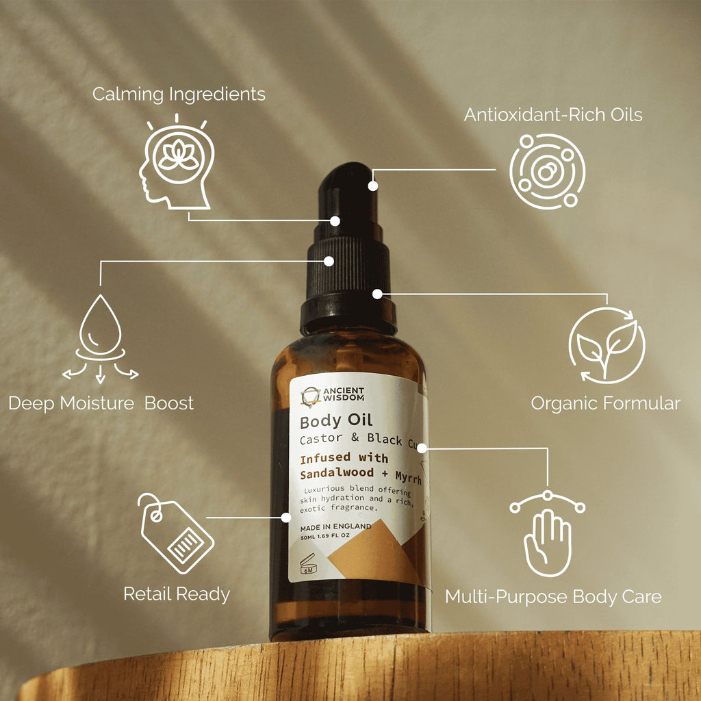 Organický telový olej 50 ml – Santalové drevo & Myrha